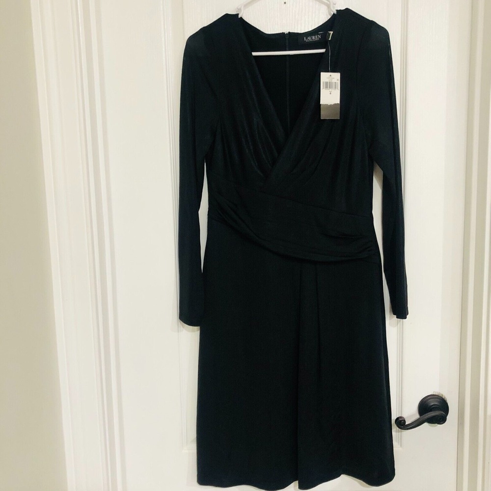 Lauren Ralph Lauren Black Long Sleeve V-Neck Faux Wrap Sheath Dress Size 6 NWT